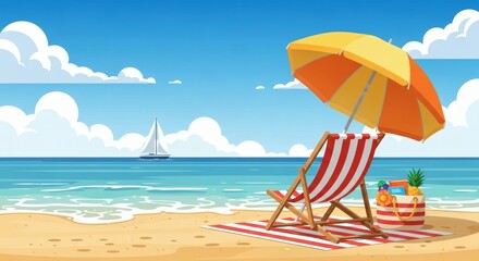 Relaxing beach scene with striped chair and umbrella