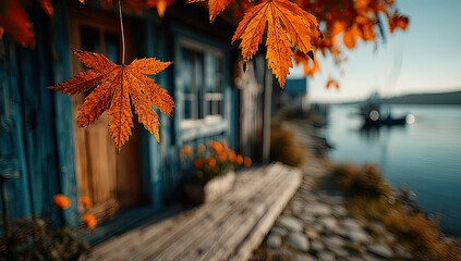 Autumnal charm of a rustic waterfront cabin