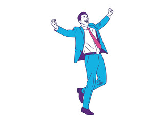Triumphant Business Man Illustration: A dynamic illustration of a businessman in a vibrant suit, embodying success and elation, joyfully celebrates with arms raised in a display of achievement.