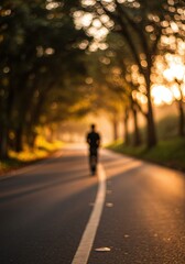 Person on a bicycle on a tree-lined road during sunset with golden light creating a magical atmosphere and a blurred background
