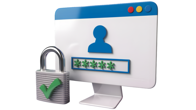 A computer screen with a login and password field next to a padlock with a green check mark