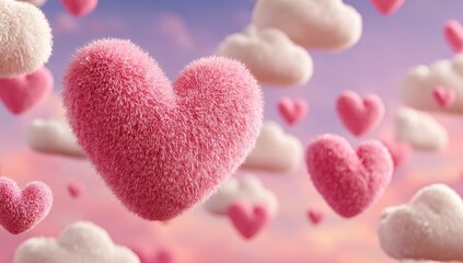 Obraz premium Fluffy hearts floating in a soft pink and white sky