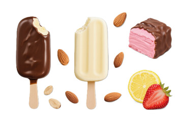 Obraz premium Chocolate glazed vanilla ice ,cream bar on stick transparent PNG cutout set bundle, isolated background. Almond nuts, milk and pink chocolate, lemon and strawberry flavor cue