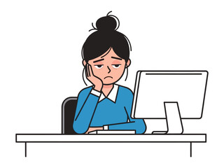 Tired at work: Depicting a person, fatigued, staring blankly at the screen, conveying the feeling of overwhelming stress in a minimalist style. 