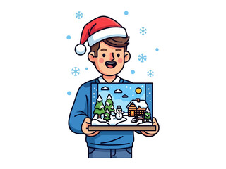 Holiday Delight: a cheerful individual, clad in a festive hat, joyfully displays a captivating winter landscape, complete with a charming cabin, snowman, and snowfall.