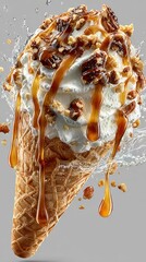 Naklejka premium Vanilla Ice Cream Cone with Caramel Drizzle, Pecans, Nuts and Splash Effect