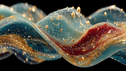 Abstract fluid art with swirling colors and metallic particles