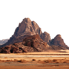 Fototapeta premium Majestic Mountain Amidst Sand: A stunning landscape unfolds with towering rock formation, casting long shadows in the arid desert under a vast sky. Witnessing nature's raw power and grandeur.