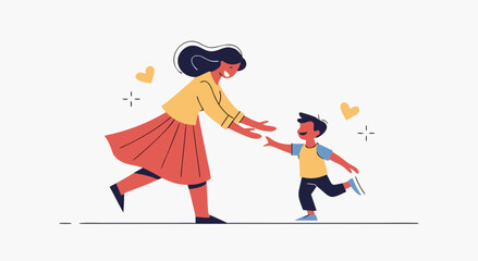 A mother happily embraces her son as he runs towards her with outstretched arms