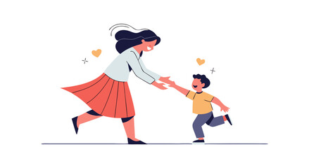 A mother happily embraces her son as he runs towards her with outstretched arms