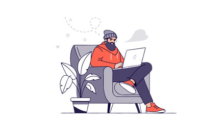 Man with beard sitting on sofa working on laptop with plant beside him