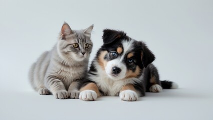 Obraz premium Grey kitten and Australian Shepherd puppy lying together, indoor portrait. Adorable animals, pet companionship, cute and playful, domestic animals.