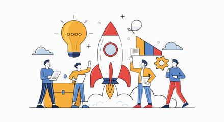 Innovative business startup team achieving rapid launch success and growth togethe