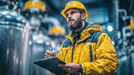 Industrial engineer with yellow safety helmet and protective jacket conducting inspection in factory facility, writing notes on clipboard with focus