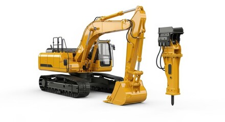 Photorealistic studio mockup of a yellow heavy hydraulic excavator with breaker attachments