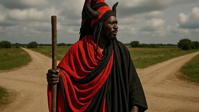Eshu Yoruba Trickster God Wearing Vibrant Red and Black Robes Symbolizing Chaos, Communication, and Divine Pathways