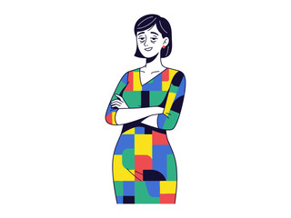 Confident Woman in Colourful Dress: A poised woman, stands with arms crossed, wearing a vibrant geometric patterned dress, exuding confidence and style in an eye-catching design.
