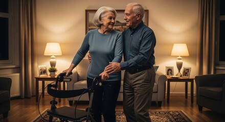 Senior couple enjoys a tender moment in a warm living room; mobility aid; romance and joy