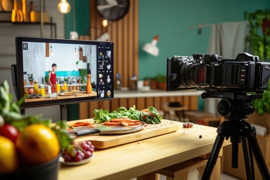 Culinary demonstration in a modern kitchen with a camera setup