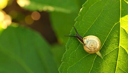 Small snail on green leaf
