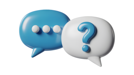 Two speech bubbles one blue with dots and one white with a question mark on a white background