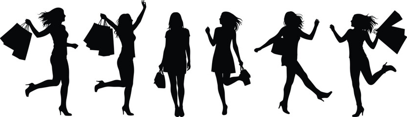 Silhouette of happy women shopping with bags, walking and jumping in high heels, fashion lifestyle, consumer activity isolated on white