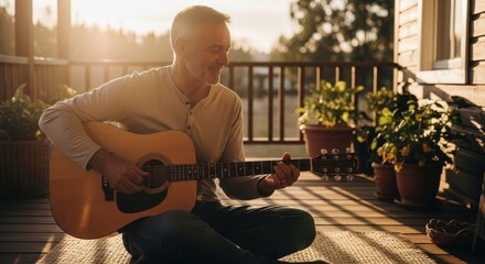 Senior man serenades with acoustic guitar on porch at sunset with sunbeam, casual living