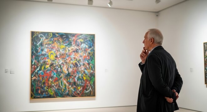 Senior man contemplating abstract art in a museum, soft lighting, reflective moment, art gallery