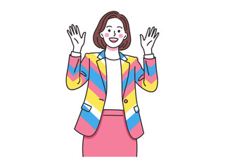 Enthusiastic gesture: A stylish professional woman enthusiastically raises her arms in a welcoming and inclusive gesture, radiating approachability and positivity. 