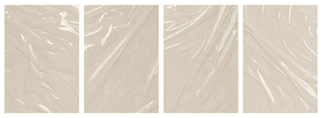Four panels of wrinkled beige plastic wrap, great for backgrounds, textures, or design elements in packaging, environmental, or recycling concepts.