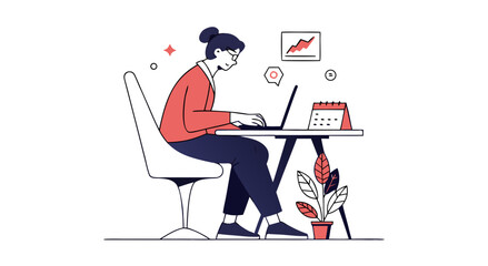 A woman working on her laptop at a desk with plant and charts in the background