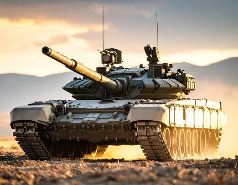 Powerful t-90 tank in action against a stunning sunset backdrop with terrain