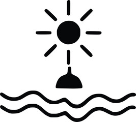 Simple black and white graphic of a sun over water, possibly a buoy or marker.