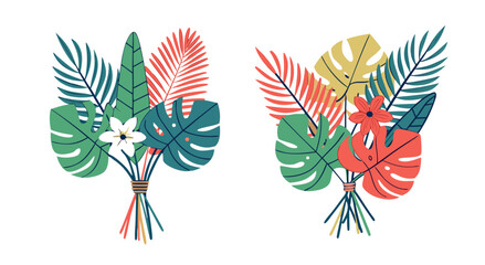 Tropical floral arrangements with large green leaves and bright colorful blooms