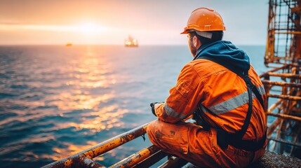 Offshore oil rig worker in orange protective gear overlooking ocean horizon during sunset with industrial platforms in distance