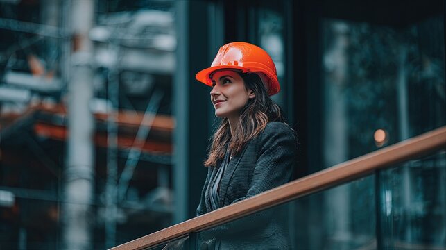 Female architect in red safety helmet confidently observing construction site progress with modern glass building background