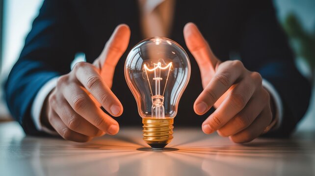 Business professional cradles glowing light bulb representing innovation and new ideas for growth and development