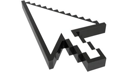 A pixelated computer cursor arrow pointing upwards and to the left on a white background surface