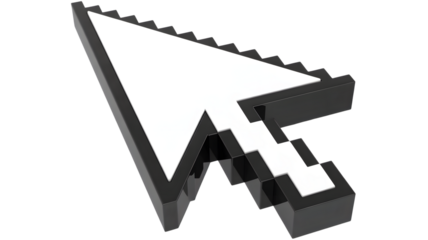 A pixelated computer cursor arrow pointing upwards and to the left on a white background surface