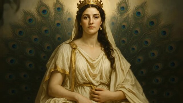 Hera Regal Queen of the Gods Draped in Flowing White and Gold Robes Surrounded by Peacock Feathers and a Soft Divine Glow