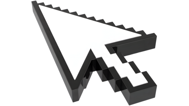 A pixelated computer cursor arrow pointing upwards and to the left on a white background surface