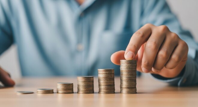 Person stacking coins in increasing height, symbolizing financial growth and investment