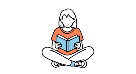 A young person in an orange t shirt and blue jeans sits cross legged reading a blue book with white lines