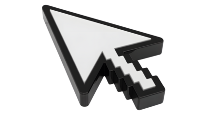 A close up of a black and white computer cursor pointing up on a white background in a studio shot