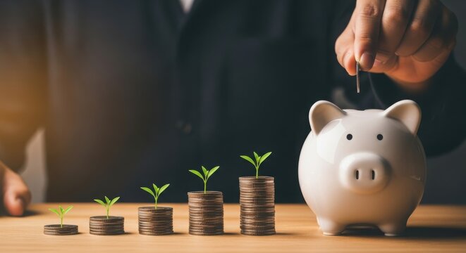 Person adding coin to piggy bank with growing money stacks and plant sprouts