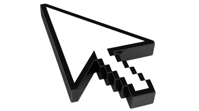 Isolated black and white cursor arrow pointing up and to the left on a white background