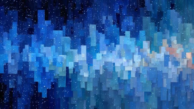 Abstract blue rectangular mosaic pattern with falling snowflakes on a dark background, expressing a winter or futuristic digital concept