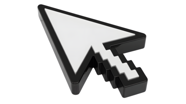 A close up of a black and white computer cursor pointing up on a white background in a studio shot