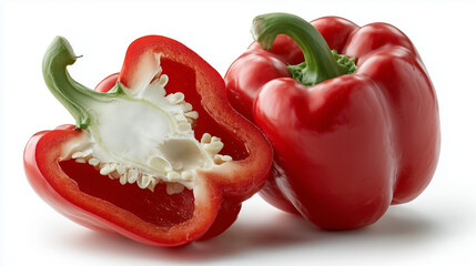 Red bell pepper whole and halved with seeds on white background

