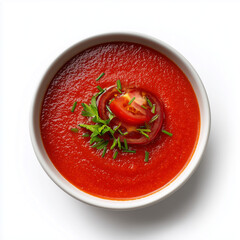 White bowl of gazpacho with tomato slice and chives on white background
